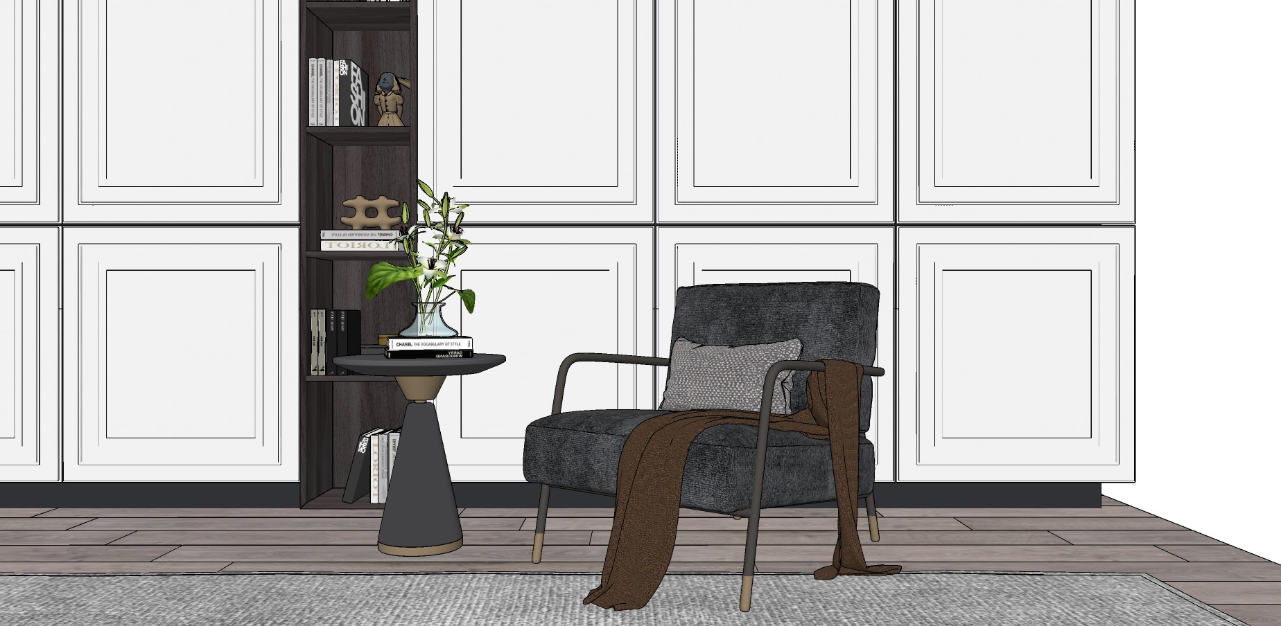 30现代单人休闲沙发 休闲椅 茶几 装饰 书架组合su草图模型下载