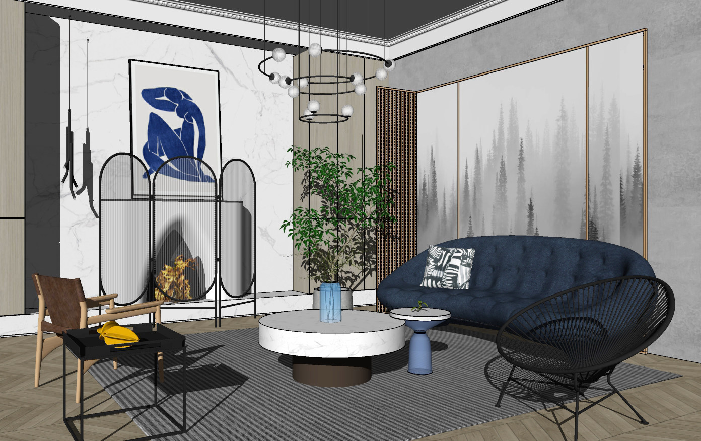 120现代新中式极简写意空间沙发客厅su草图模型下载
