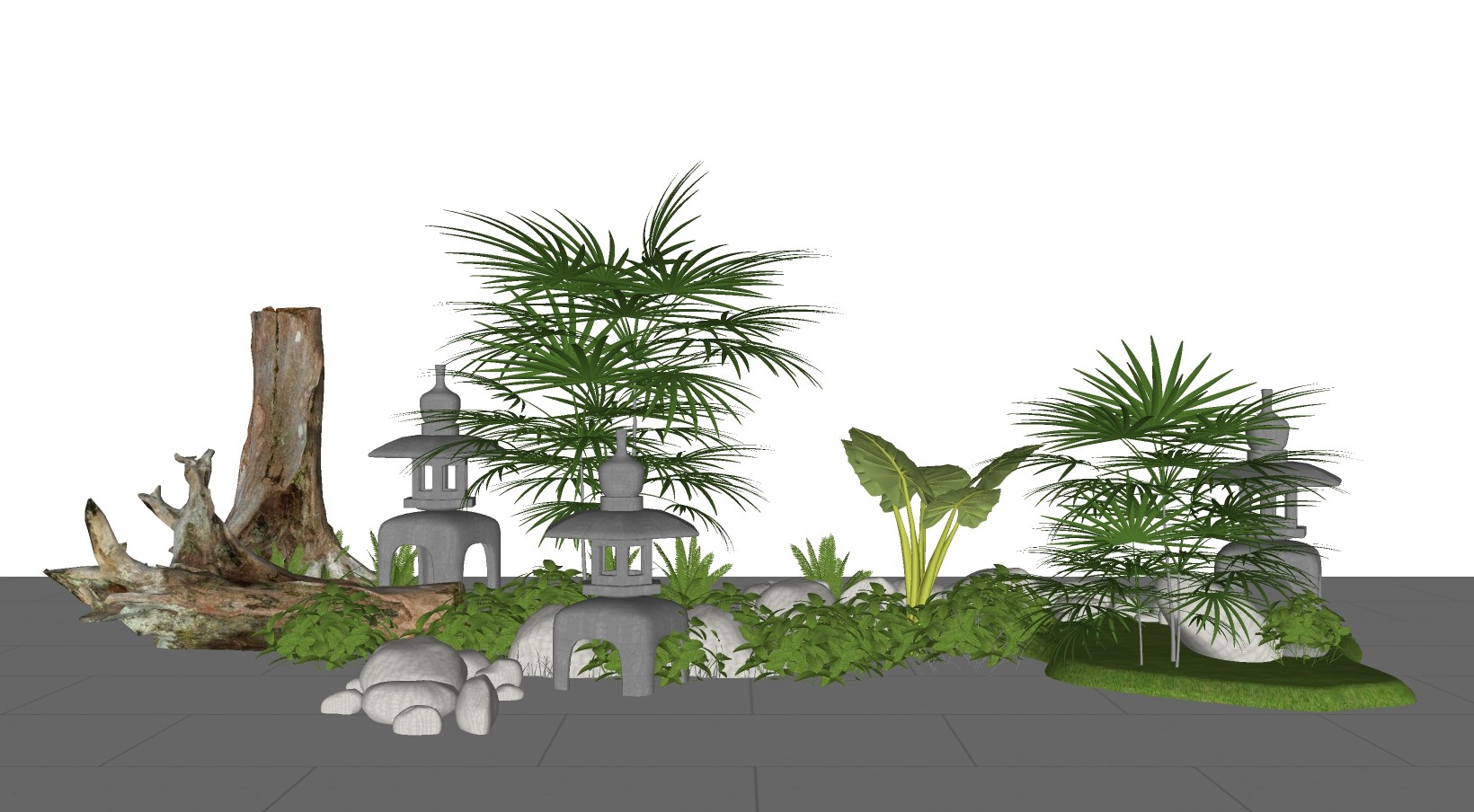 日式景观植物 装饰植物 摆件 芭蕉庭院石灯su草图模型下载