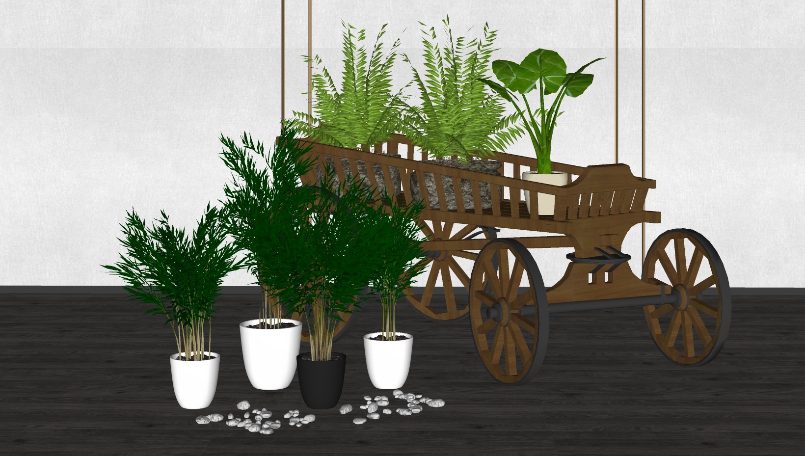 景观植物 木质花车花架组合 盆栽装饰植物su草图模型下载