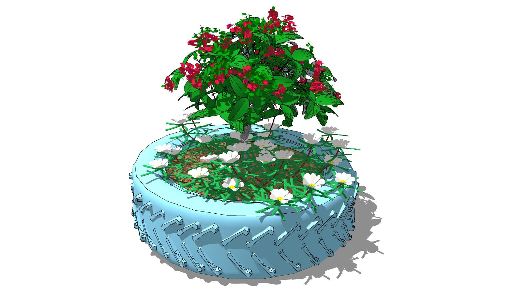 工业风装饰植物 车轮胎树池 装饰植物 su草图模型下载