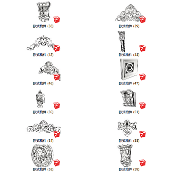 16欧式建筑构件_雕花_罗马柱_石膏线_圆盘_角线_柱子_柱头_柱脚su草图模型下载