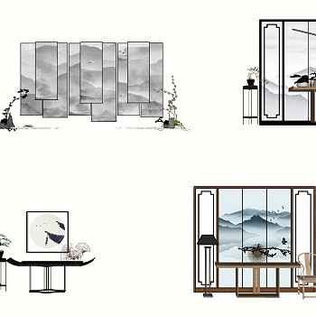 28屏风案台 新中式隔断_屏风_案台_装饰画_桌子_盆栽组合su草图模型下载