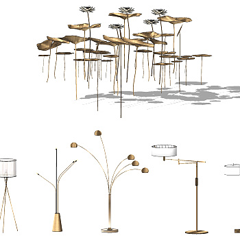 现代新中式装饰落地灯金属 荷花荷叶 装饰摆件组合su草图模型下载