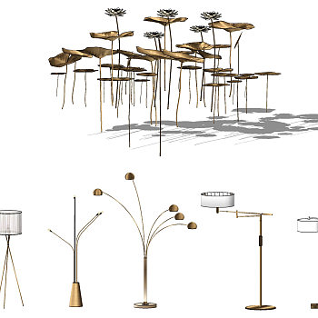 现代新中式装饰落地灯金属 荷花荷叶 装饰摆件组合su草图模型下载