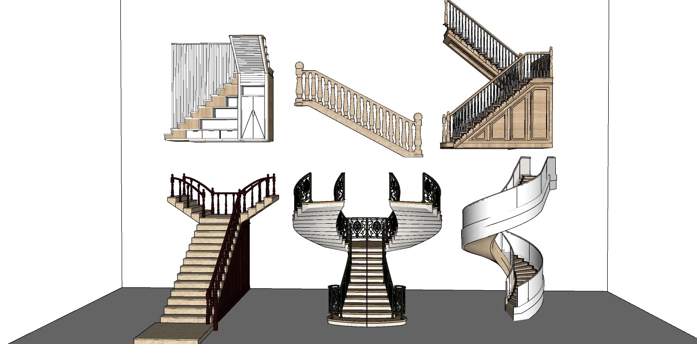 09简欧欧式实木旋转楼梯组合 雕花 实木 栏杆扶手 楼梯su草图模型下载