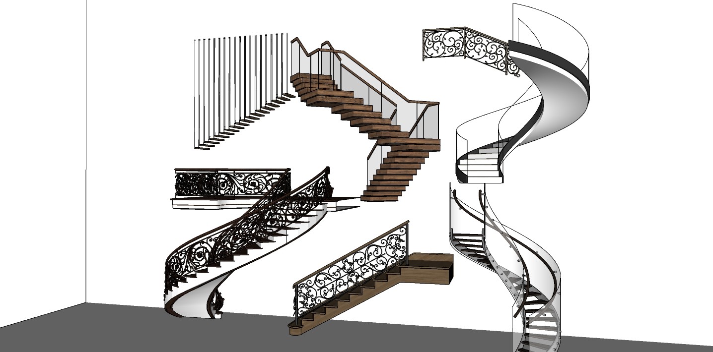 10欧式铁艺楼梯组合 旋转楼梯 雕花 玻璃扶手楼梯 实木踏步楼梯su草图模型下载