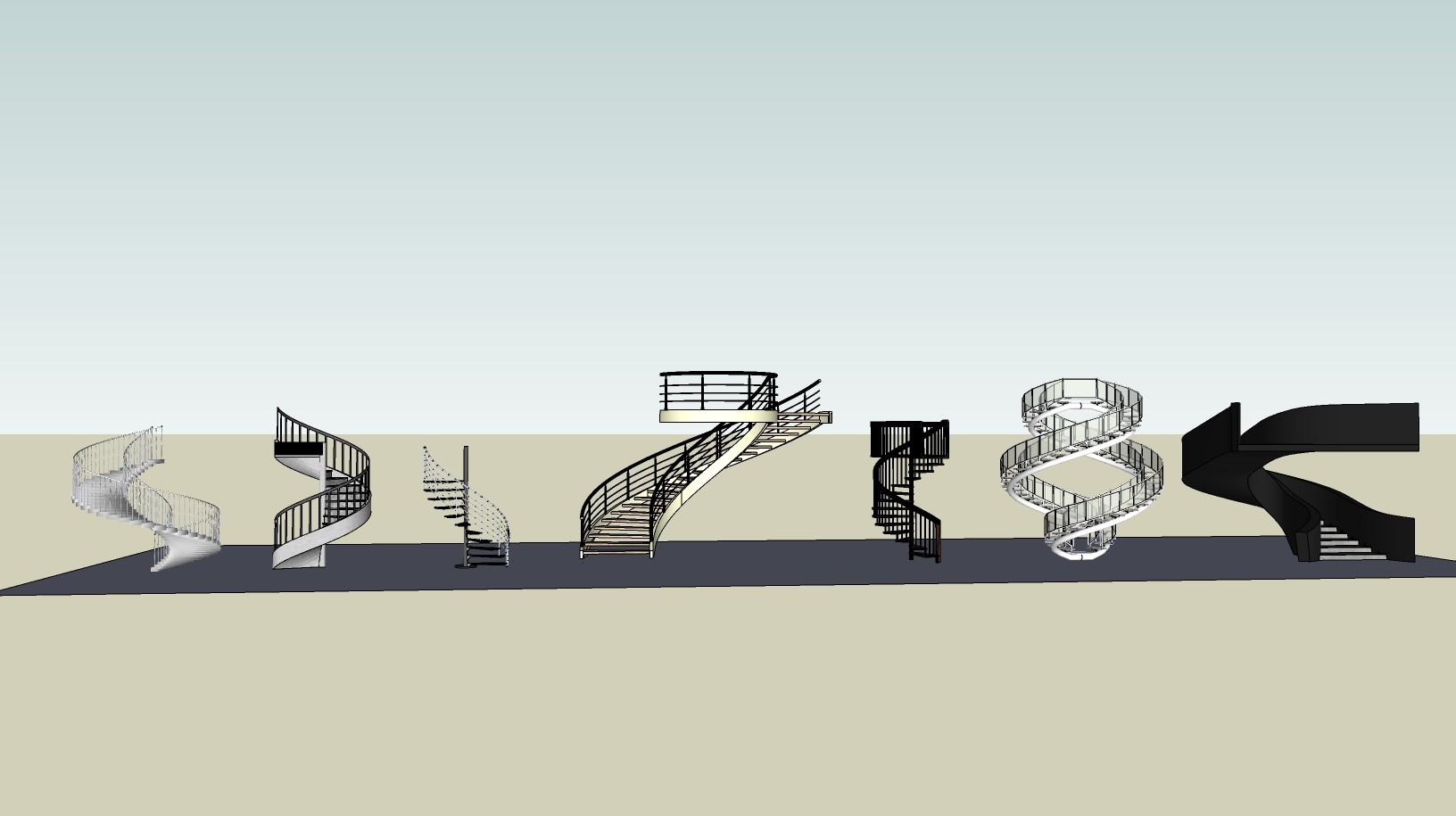 21现代旋转楼梯组合 工业风格钢楼梯 铁艺楼梯 栏杆 扶手  loft风钢板楼梯su草图模型下载