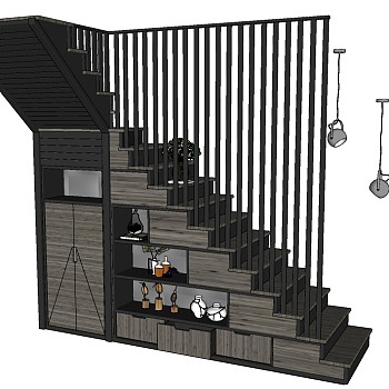 25现代楼梯 储藏柜 花卉 吊灯 摆件 绿植su草图模型下载