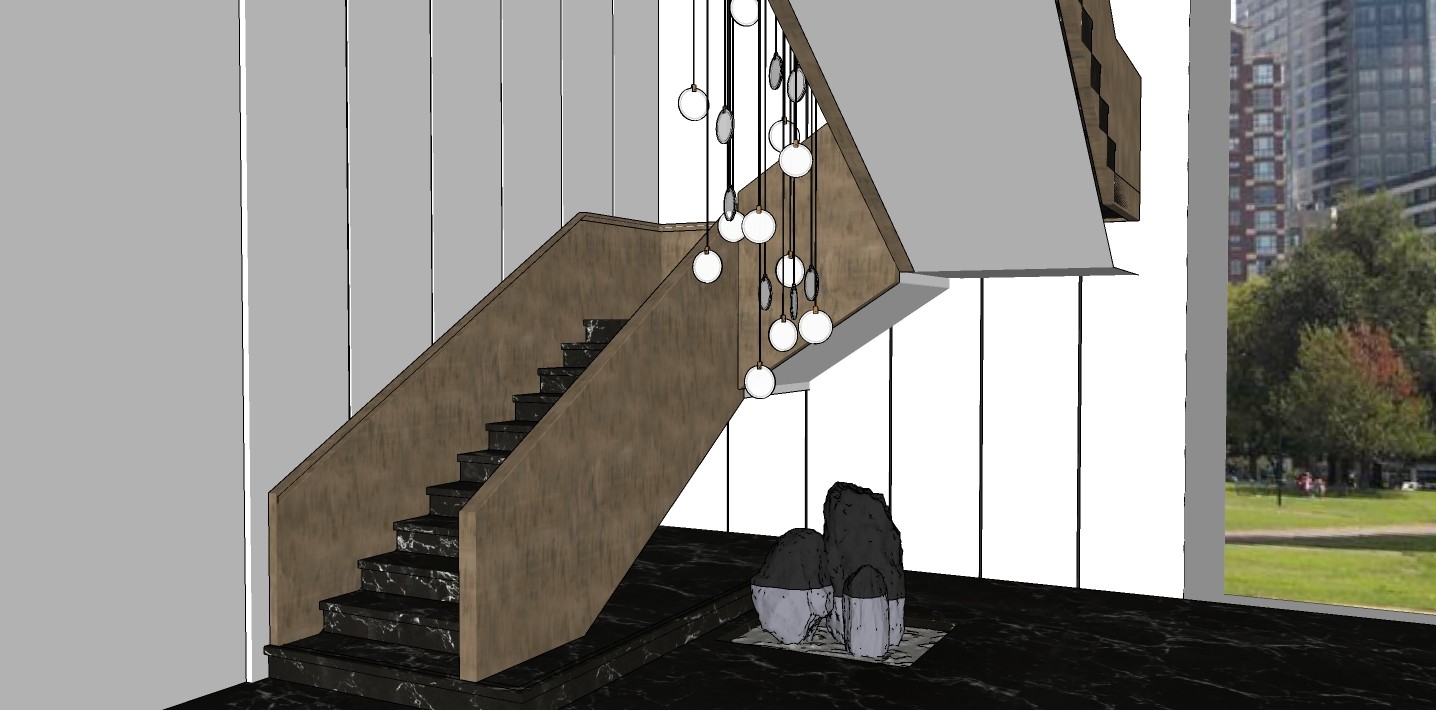 26现代楼梯间  楼梯间 吊灯 雕塑 大理石踏步楼梯 实木扶手楼梯su草图模型下载