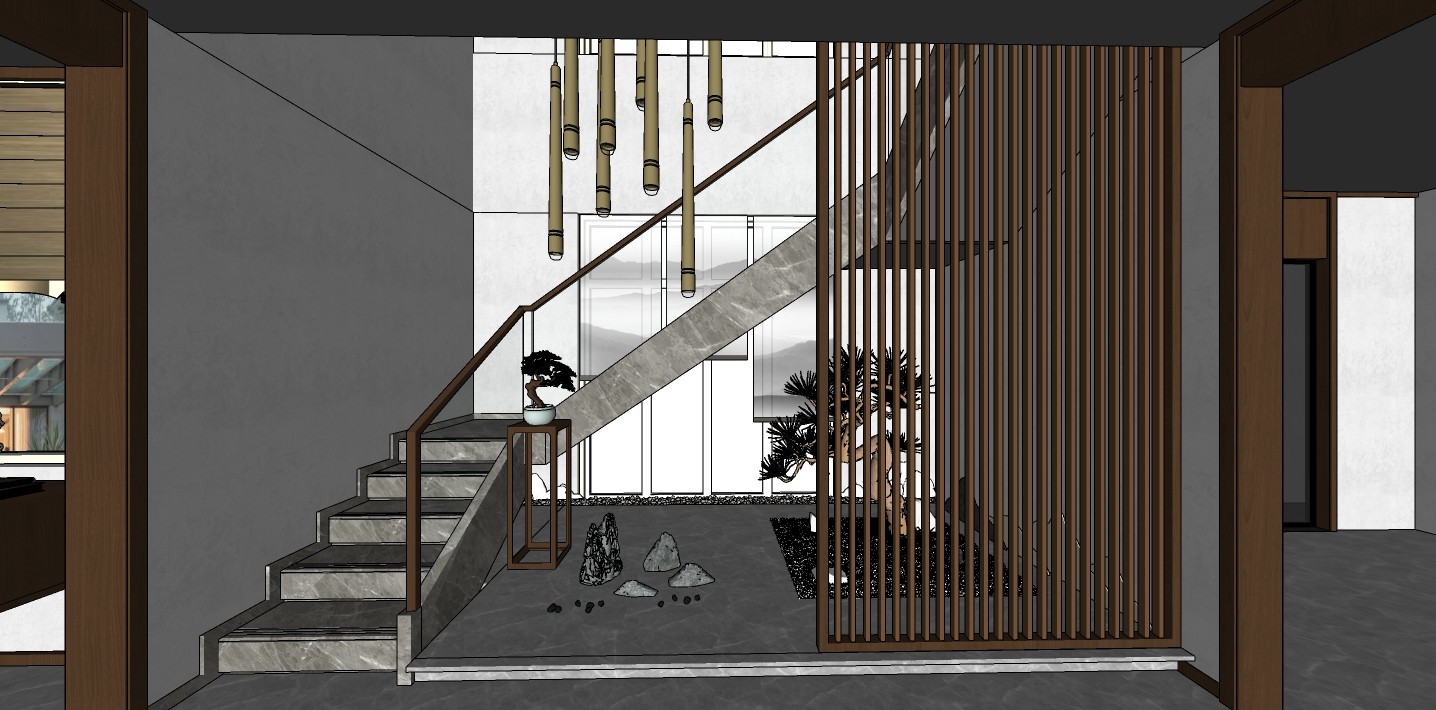 35新中式楼梯干景 玻璃扶手楼梯 大理石台面楼梯su草图模型下载