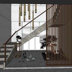 35新中式楼梯干景 玻璃扶手楼梯 大理石台面楼梯su草图模型下载