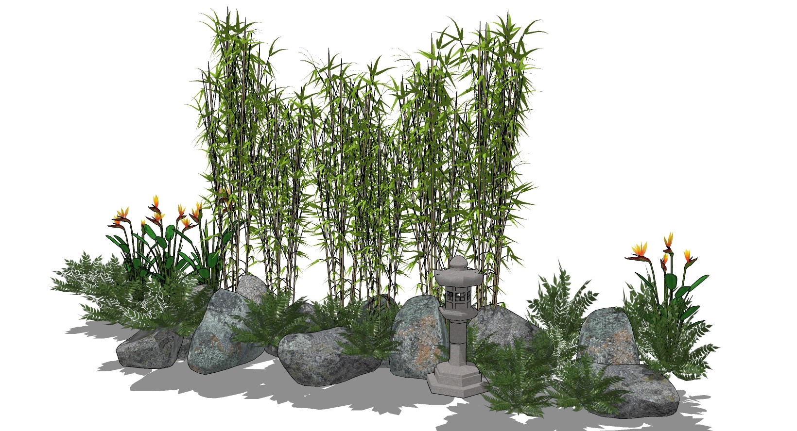 新中式，日式景观植物，竹林，竹子，石头石头庭院灯su草图模型下载