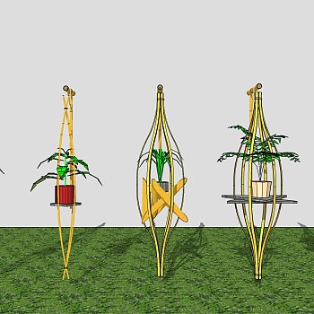 现代阳台户外景观植物花架，竹竿花架su草图模型下载