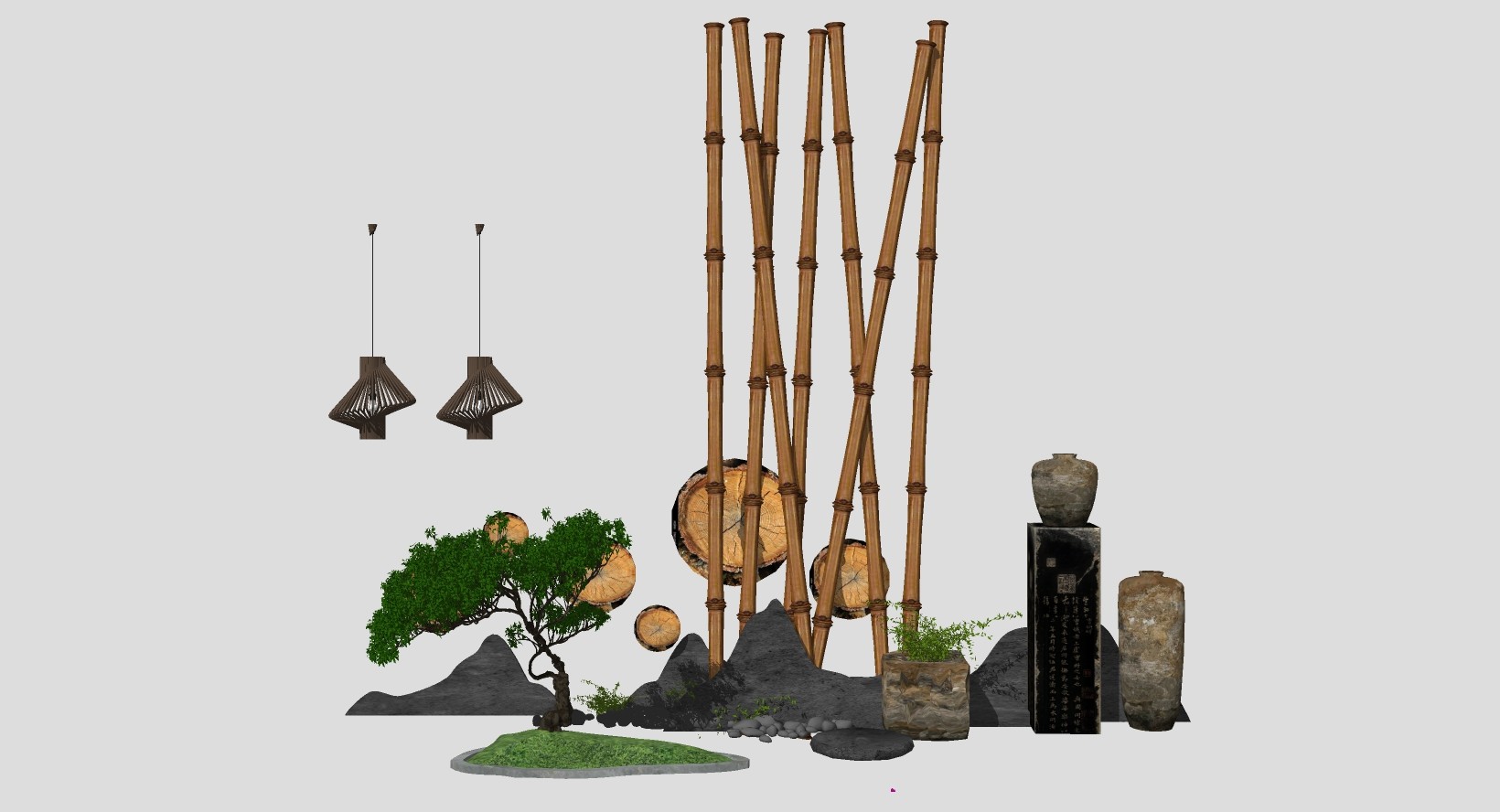 新中式东南亚 景观小品，竹竿，木桩子，陶罐su草图模型下载