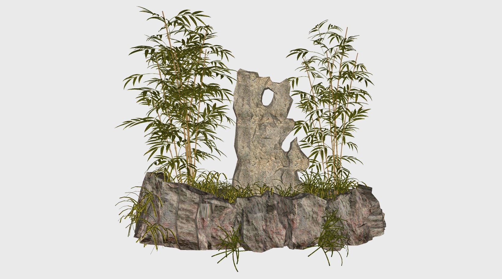 新中式竹子石头景观小品，太湖石su草图模型下载