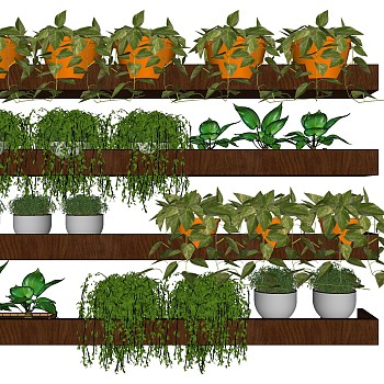 装饰植物 绿植墙 原木花架子，阳台植物su草图模型下载