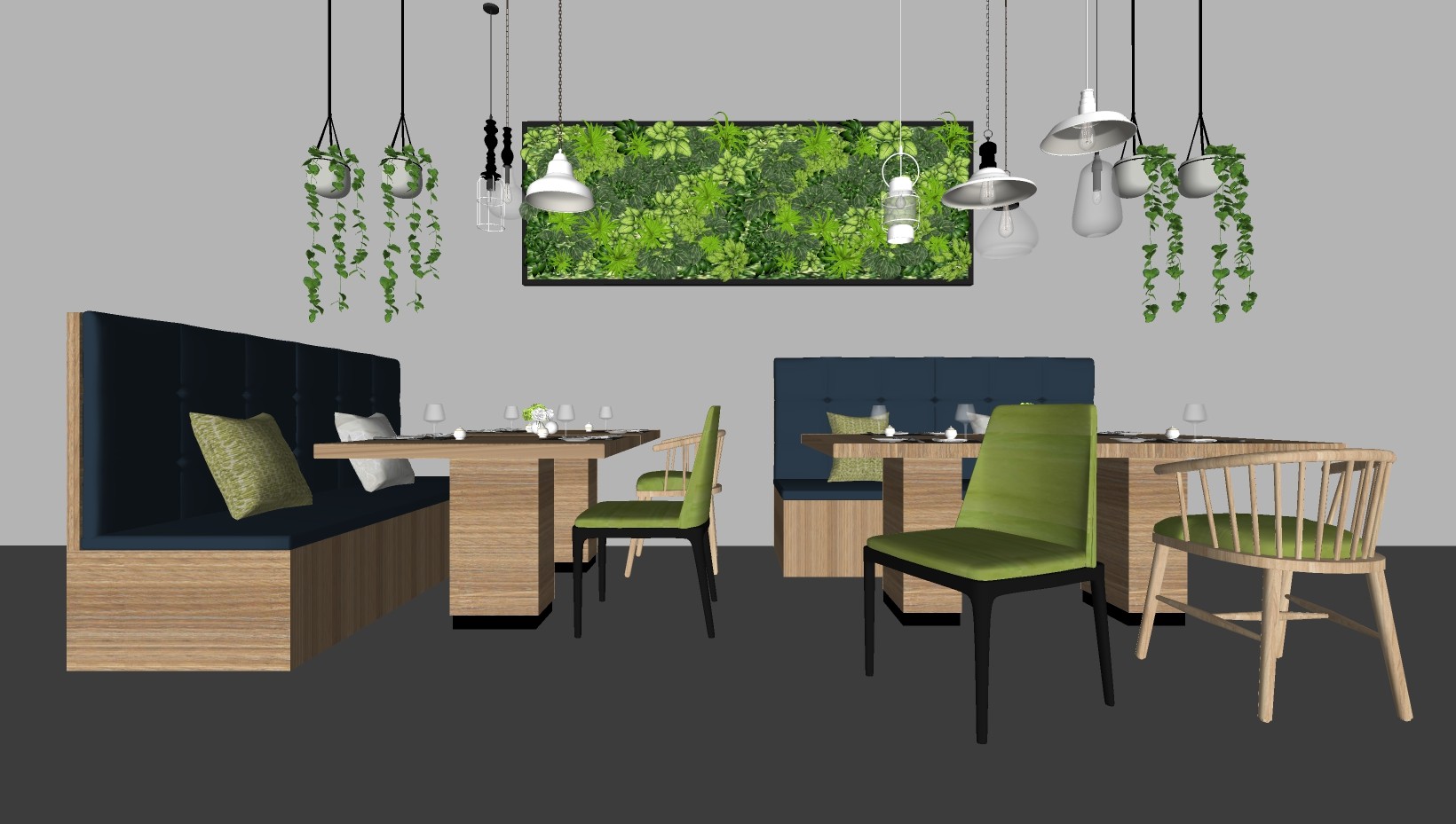 餐桌椅，绿植，植物墙，小吊灯su草图模型下载