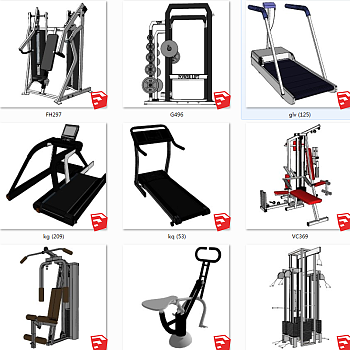 现代健身房健身器材 跑步机体育运动健身器材su草图模型下载