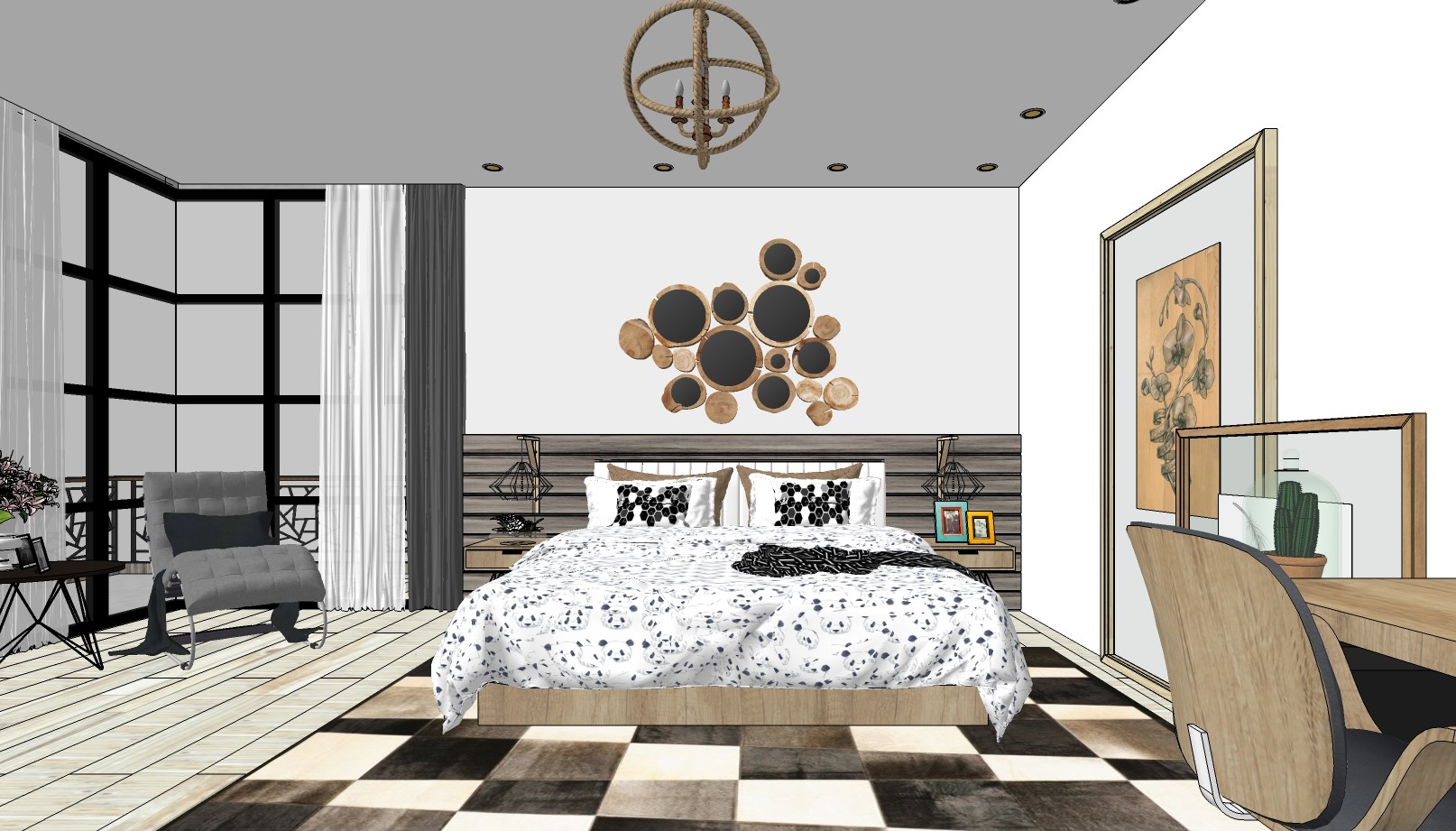 北欧现代卧室，实木原木挂饰挂件，躺椅su草图模型下载