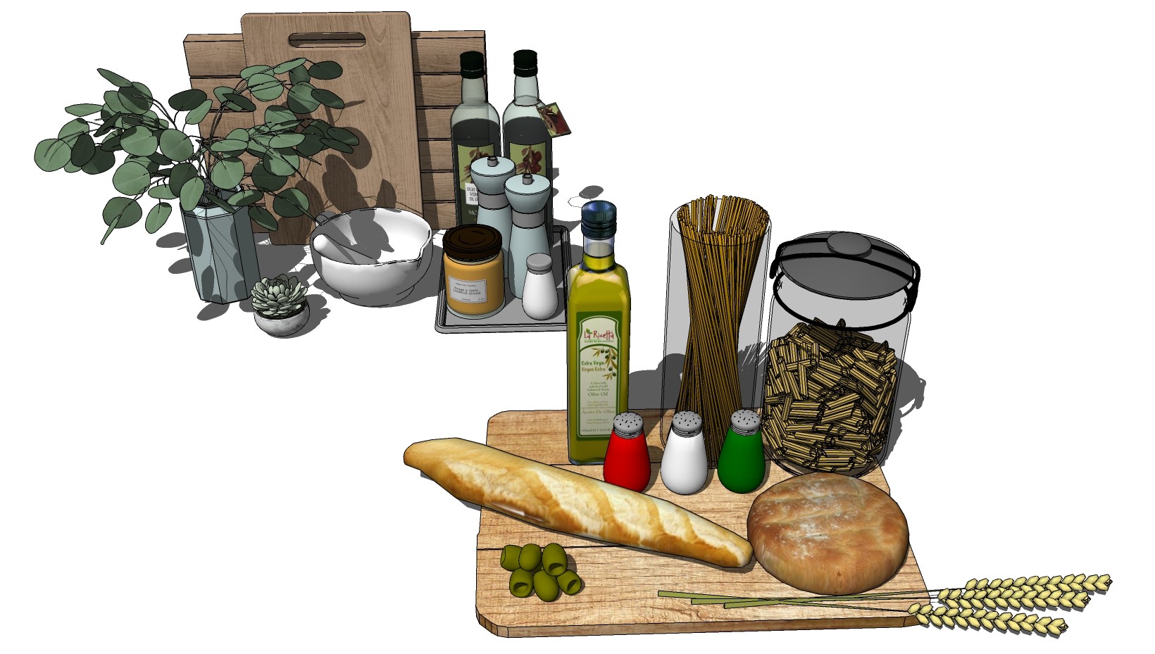 厨房用品 用具 木制砧板 菜板 面包 摆件 调料瓶su草图模型下载