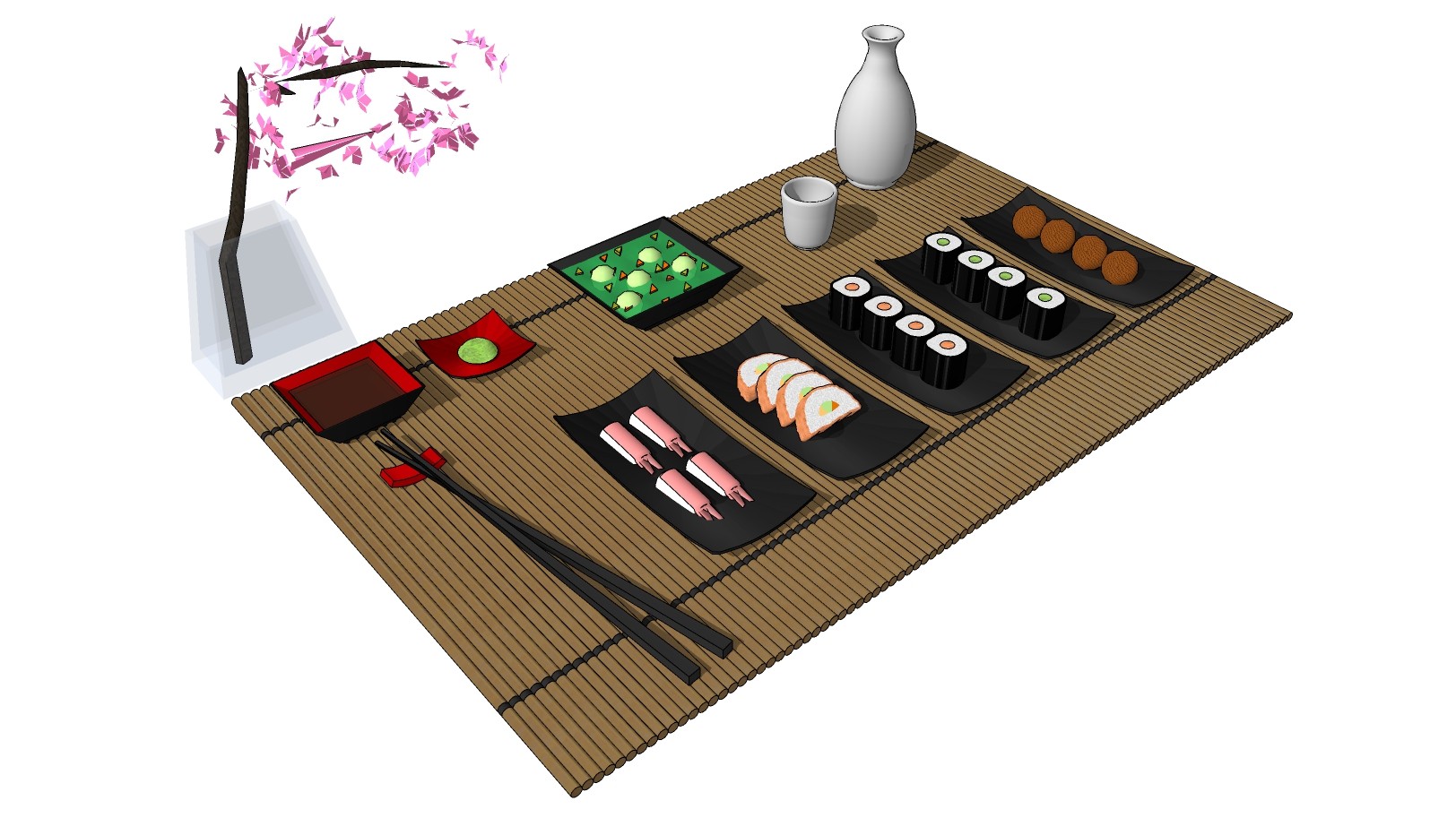 日式厨房用品 竹席 食物寿司餐具  su草图模型下载