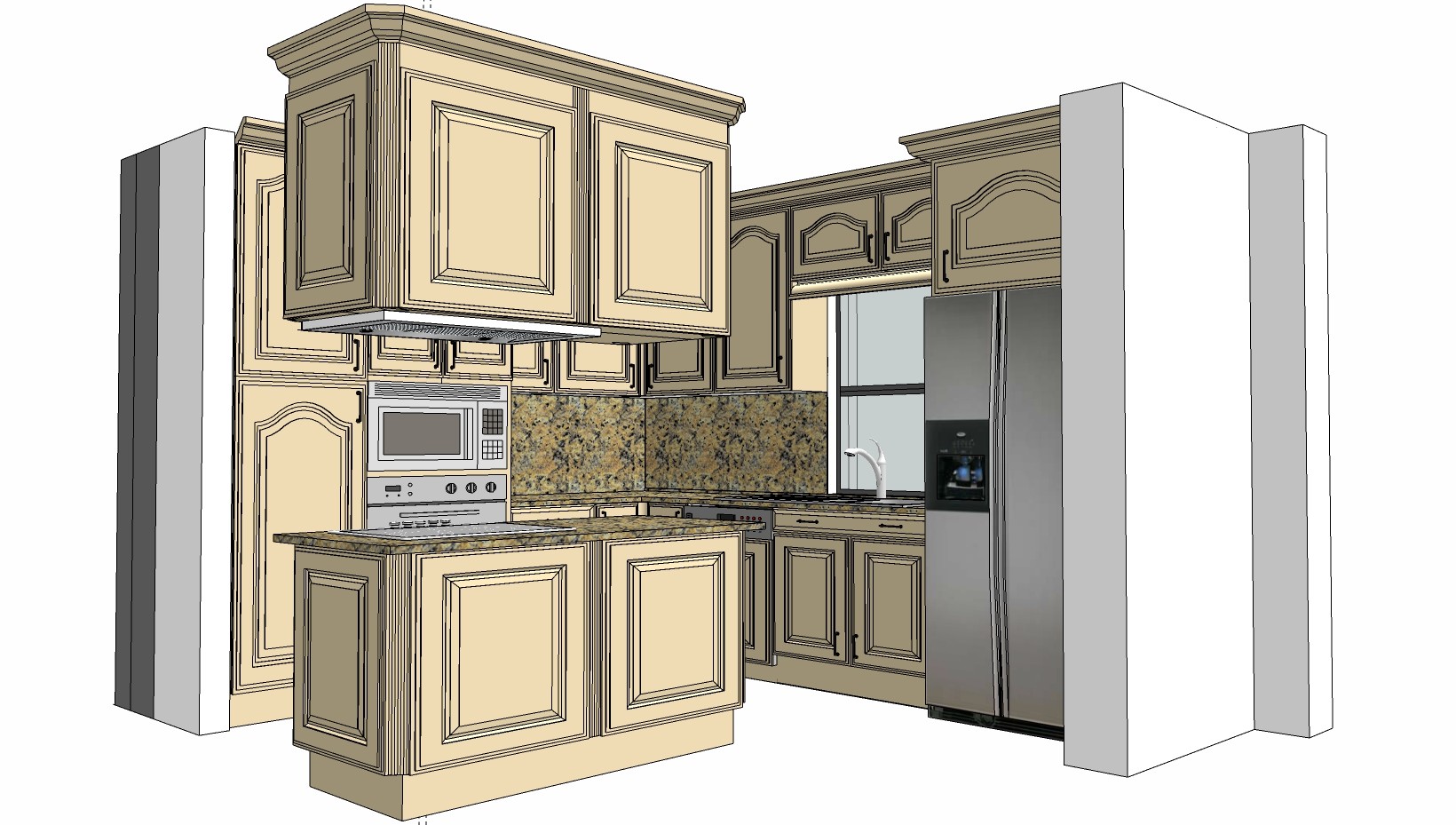 欧式法式厨房橱柜，烤箱 冰箱 微波炉 水槽su草图模型下载