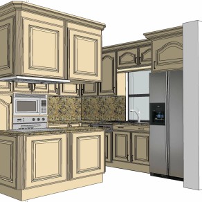 欧式法式厨房橱柜，烤箱 冰箱 微波炉 水槽su草图模型下载