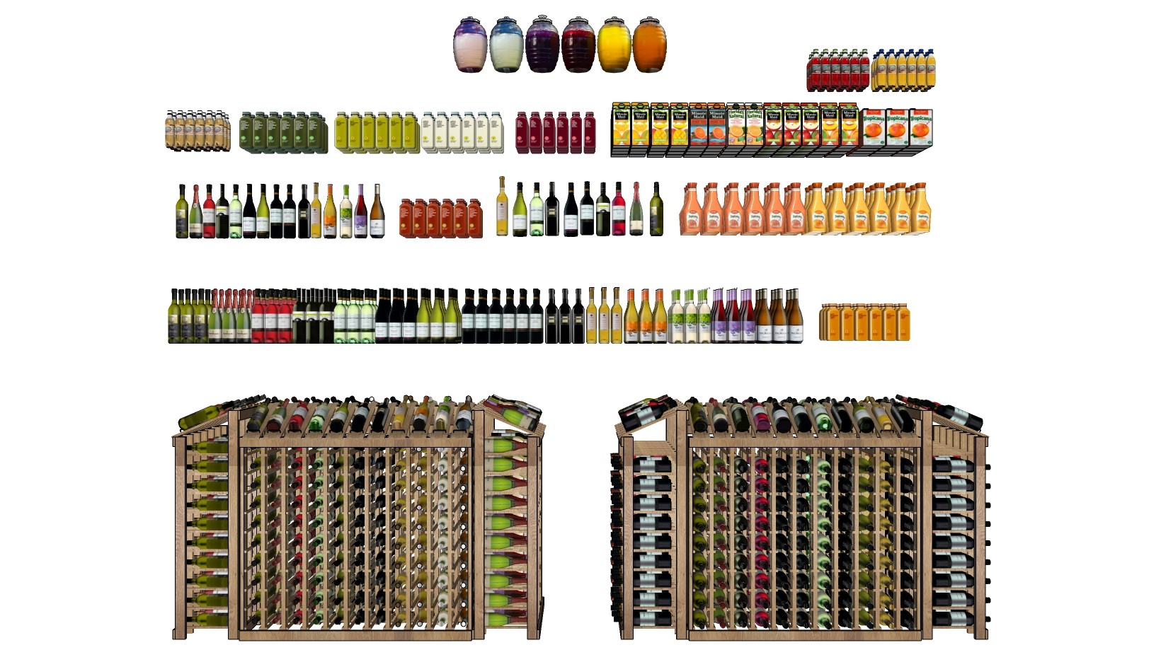 超市酒架 酒水区 饮品饮料 洋酒红酒啤酒组合 木制酒架子su草图模型下载