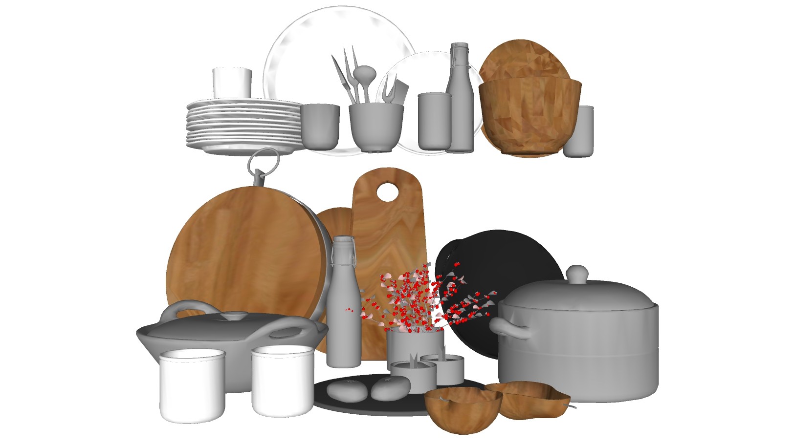 厨房厨具 碗盘子 碟子 锅 砧板 插花组合su草图模型下载