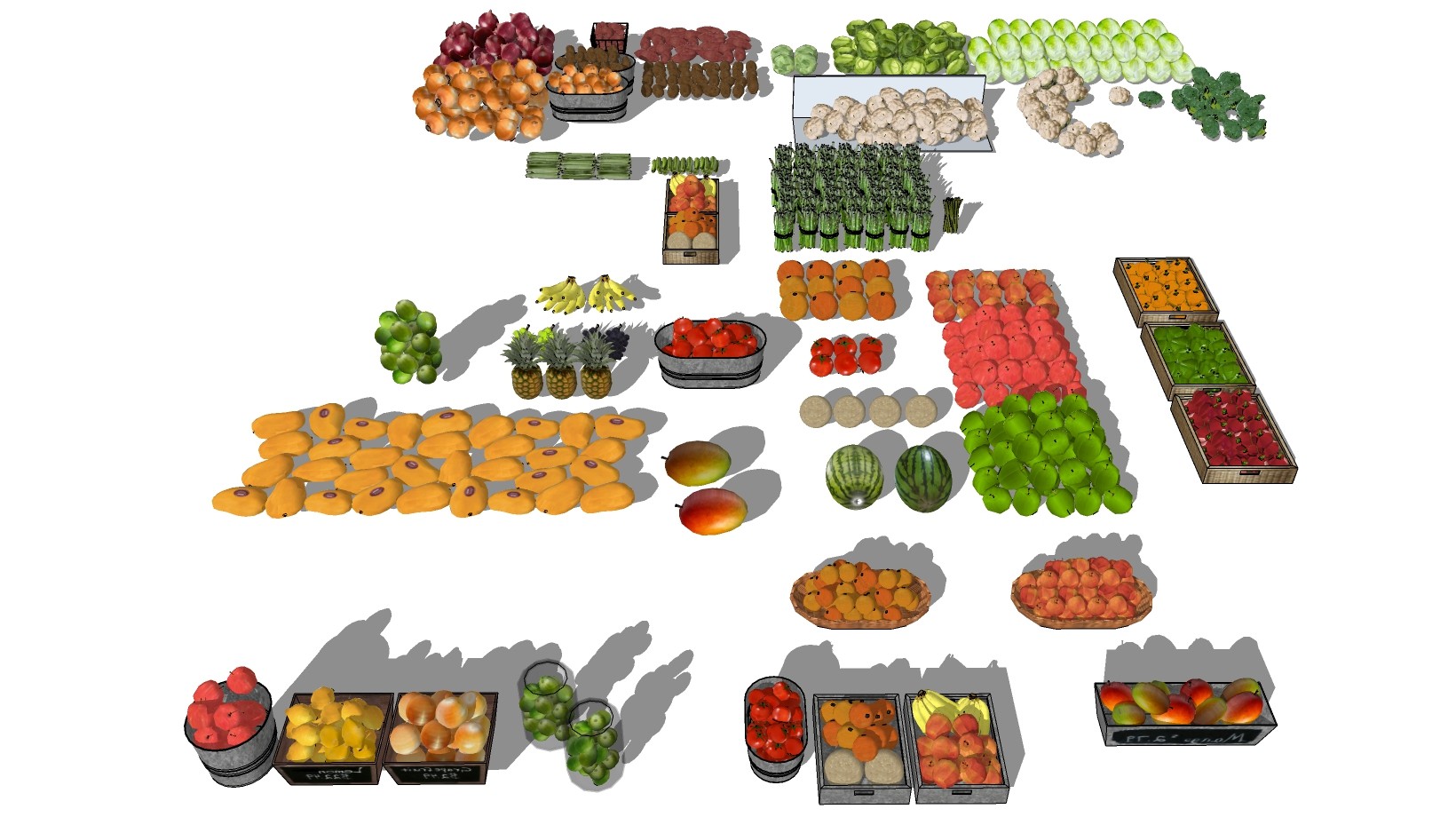 超市水果食物  超市水果专区 芒果 西瓜 桃子 苹果 哈麻瓜 香蕉 ，水果摊su草图模型下载