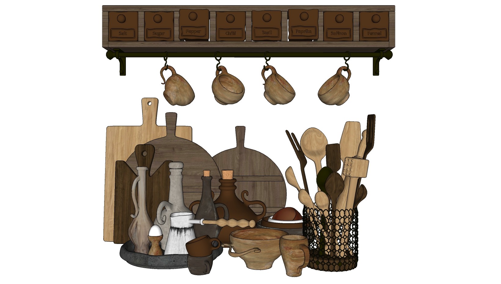 法式美式水杯勺子餐具组合 木制厨房用品用具 储物框 勺子铲子 叉子 调料瓶厨具su草图模型下载