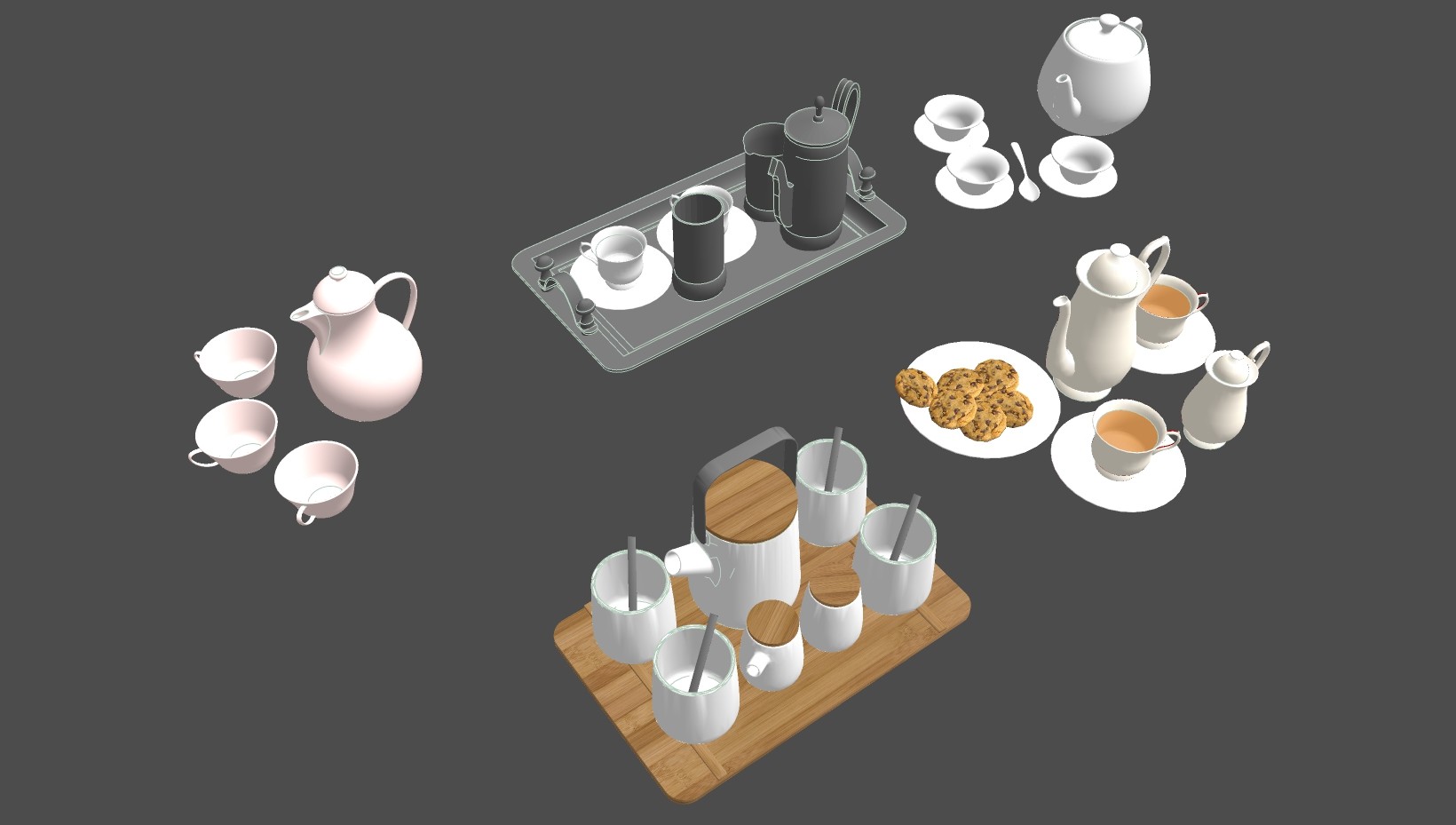茶杯茶壶茶具套装组合 茶壶托盘 糕点 下午茶点心 水壶水杯 su草图模型下载