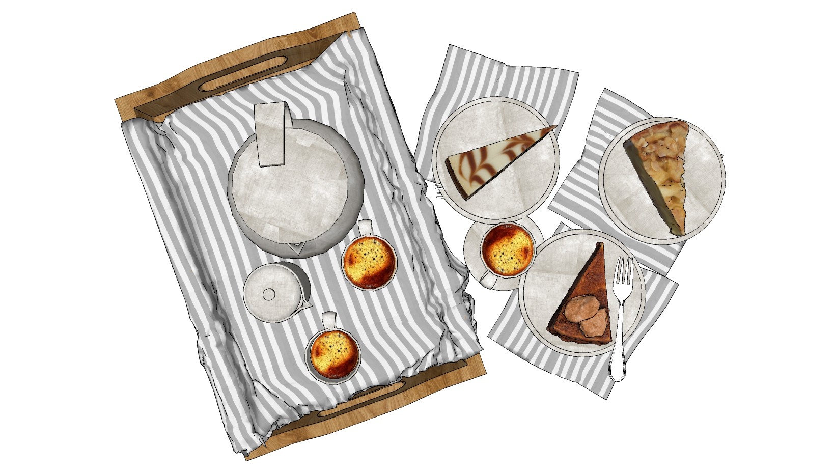 咖啡蛋糕餐具组合 茶具咖啡披萨 木制托盘su草图模型下载