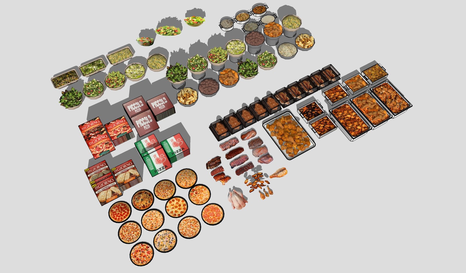 自助餐，食物，食槽，披萨 鸡肉 快餐 沙拉 食物su草图模型下载