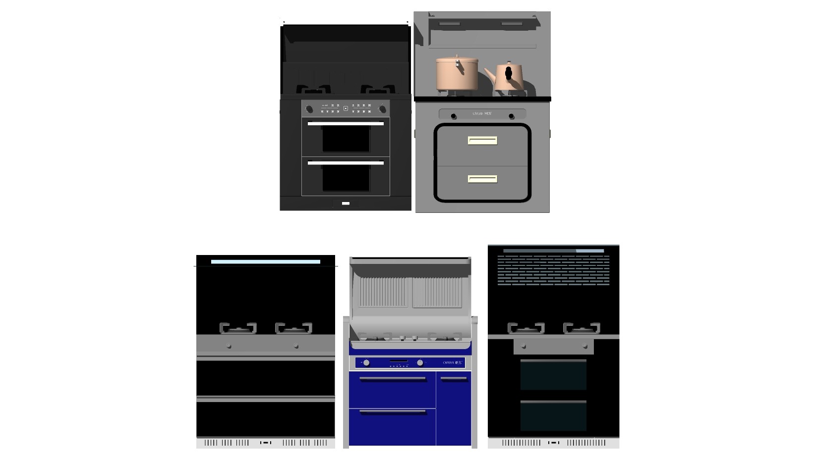 厨房吸油烟机 燃气灶 锅子 煤气灶，烤箱，消毒柜组合su草图模型下载