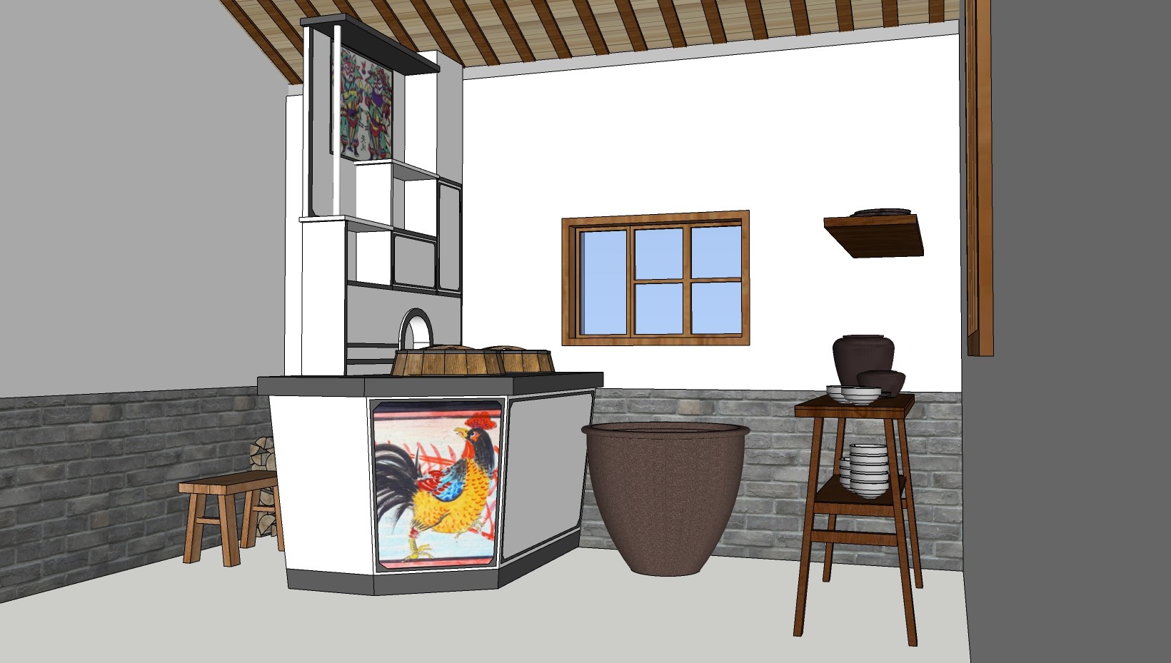 厨房用具 农村民宿厨房用具 木制储物架 碗 锅缸，碗架子木板凳su草图模型下载