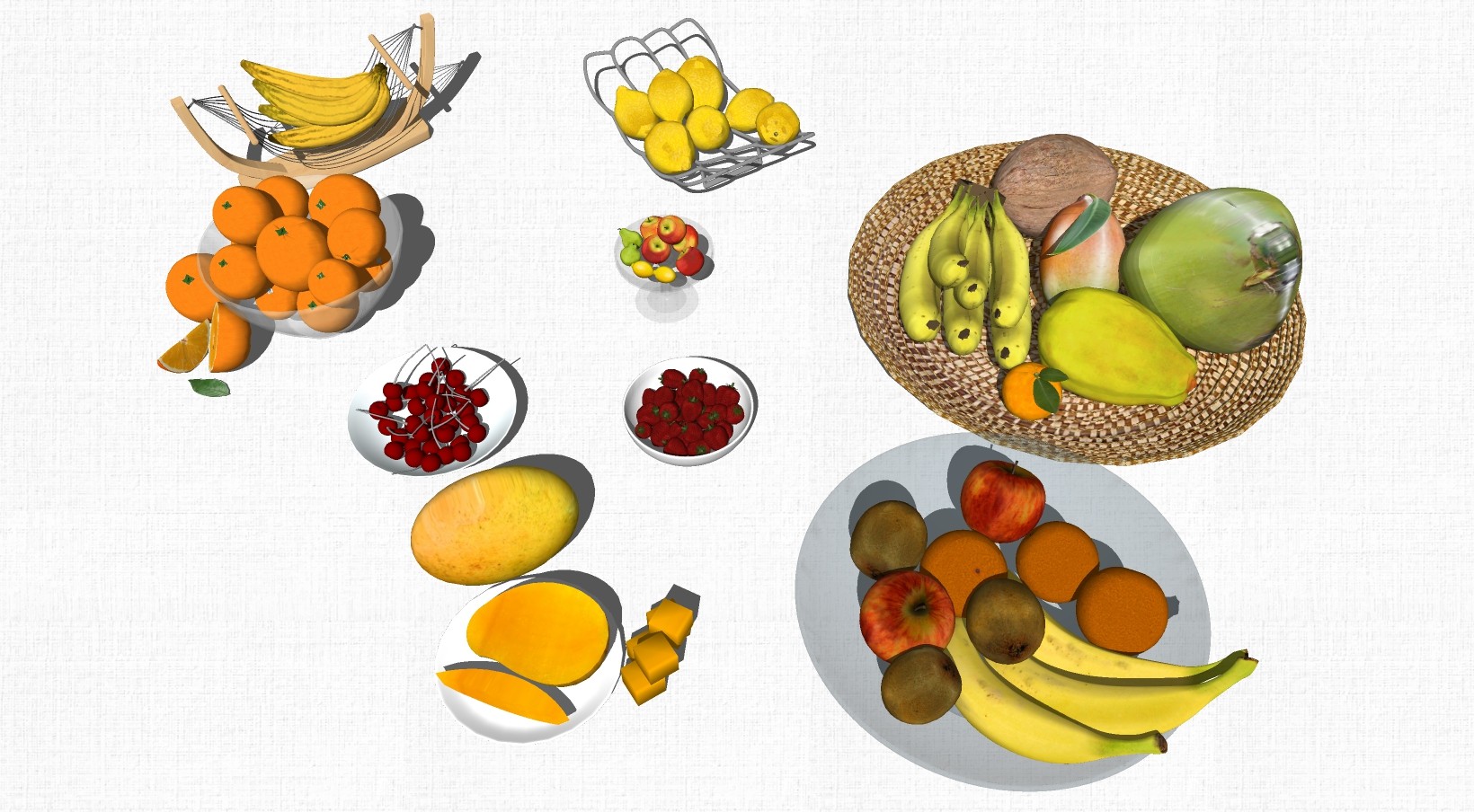 食物水果 橘子 橙子 香蕉 猕猴桃 苹果 柠檬 椰子 果盘su草图模型下载