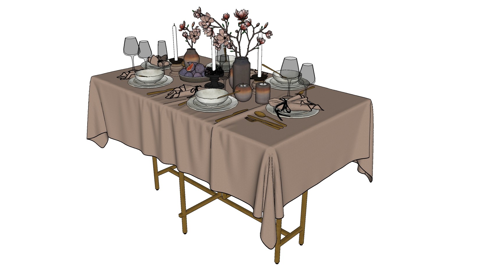 桌布餐桌，餐具，盘子花瓶su草图模型下载
