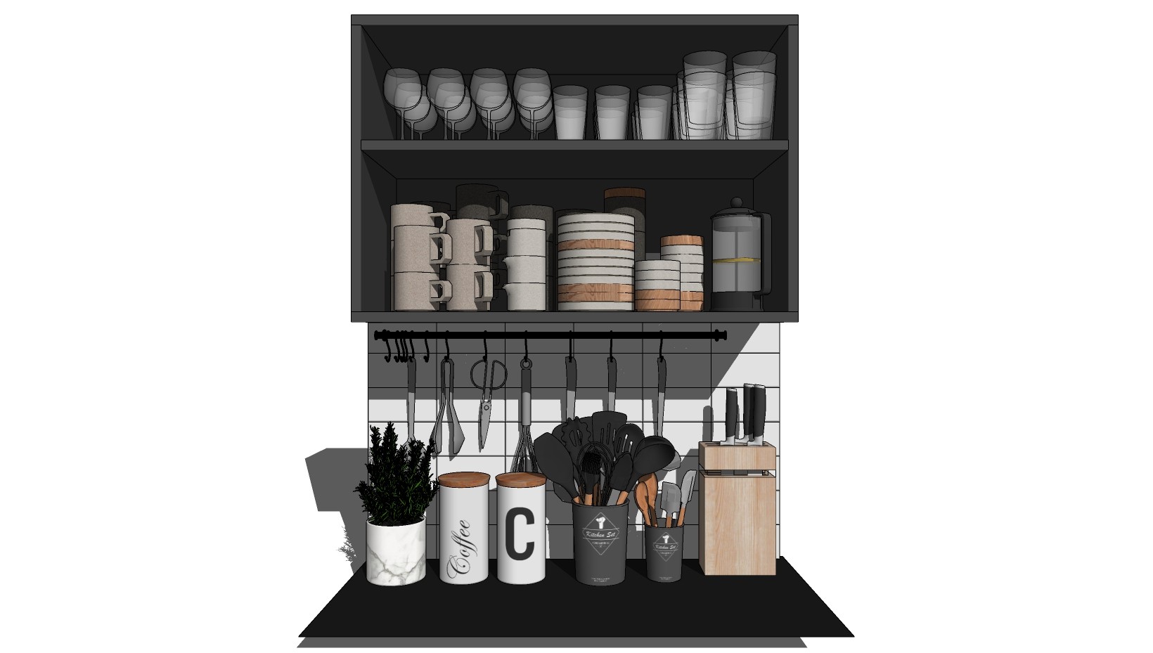 厨房餐具盘子调料罐植物组合 橱柜 碗橱柜子 碗 杯子 su草图模型下载
