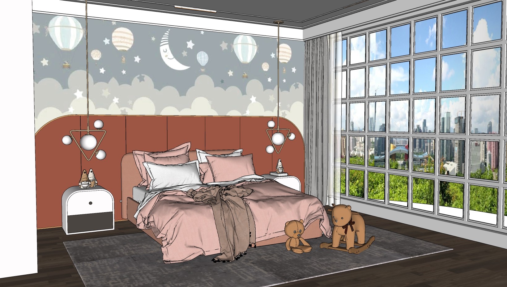 北欧现代儿童房，女孩房女儿房，儿童床卧室su草图模型下载