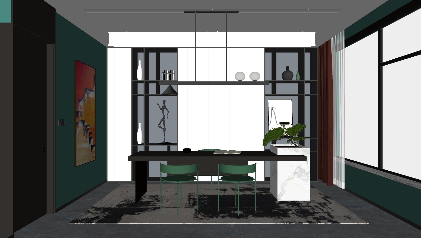 新中式现代书房茶室su草图模型下载