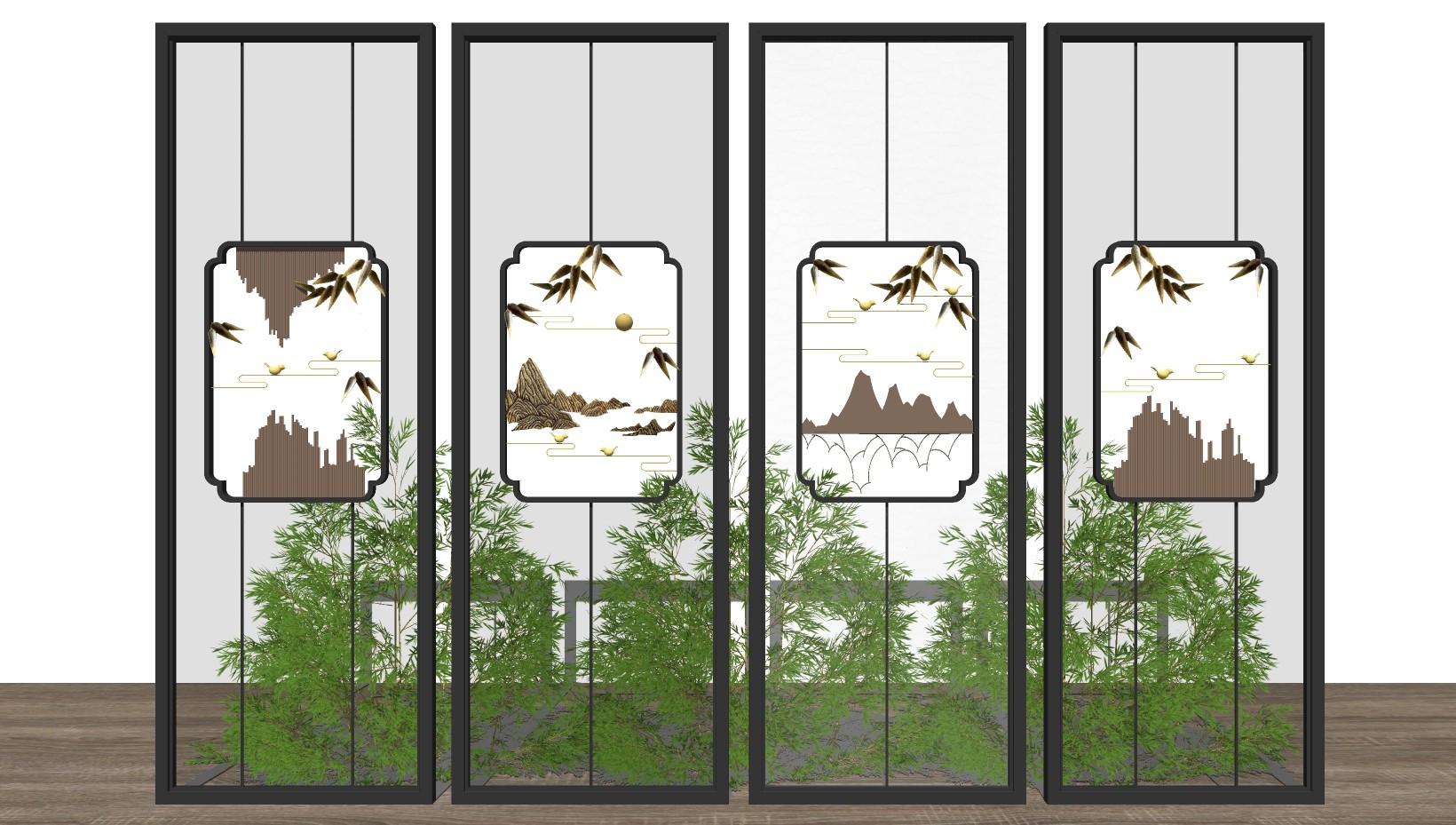 新中式玻璃屏风隔断 竹子植物su草图模型下载