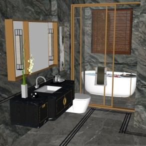新中式卫生间 镜子浴室柜马桶浴缸淋浴间壁灯 su草图模型下载