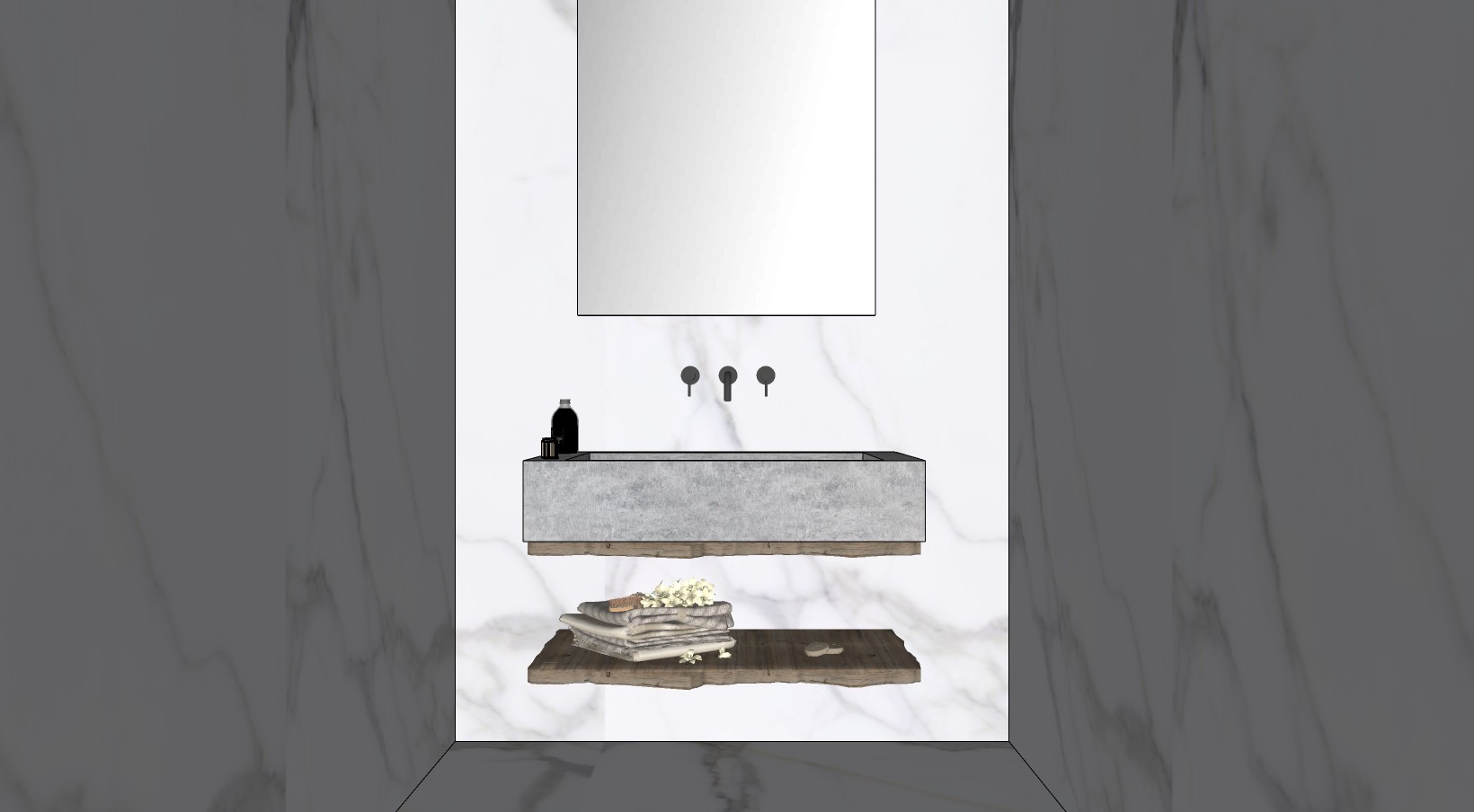 浴室洁具用品老木头洗手台盆 镜子 毛巾组合su草图模型下载
