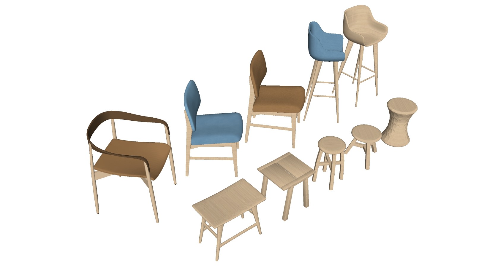 新中式休闲原木单椅 休闲座椅 吧椅 凳子 木墩子组合su草图模型下载