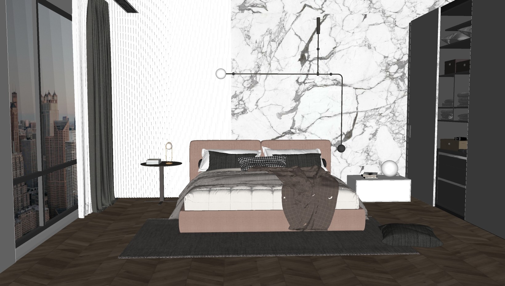 轻奢卧室 双人床 床头柜 su草图模型下载