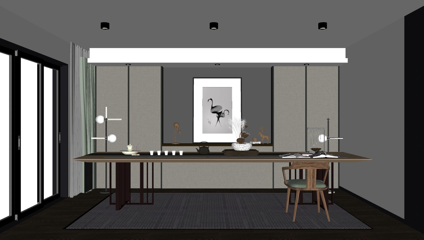 新中式茶室，茶桌椅，茶具茶台su草图模型下载