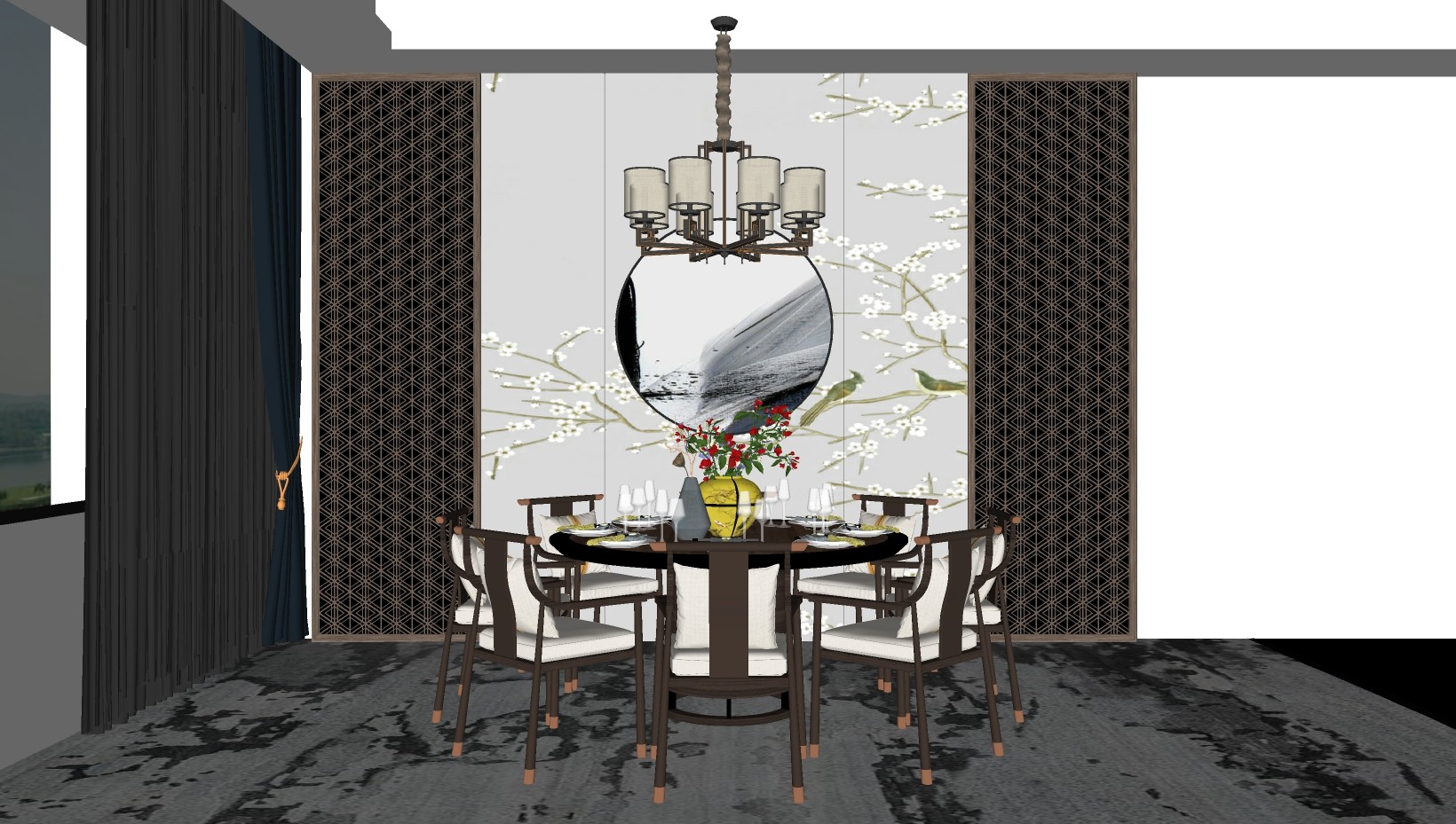 中式经典中式风格餐桌椅子 餐具 摆件 吊灯 su草图模型下载