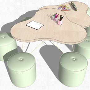 幼儿园儿童美术课桌 椅子 墩子 异形桌子 笔筒 画笔 本子组合 su草图模型下载